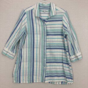 Foxcroft Blue Striped 3/4 Sleeve Linen Blend Button Down size 14 Preppy